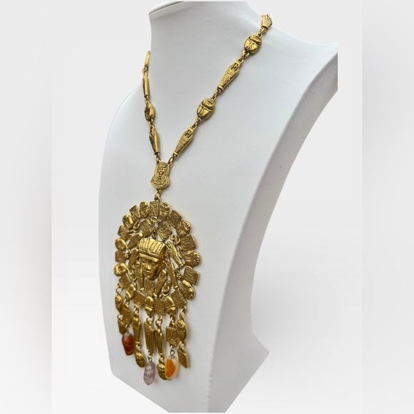 GOLDETTE Signed 1960s Egyptian Revival Pendant Necklace w/Agate Gemstone Tassels - Picture 9 of 15